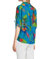 John Mark Tropical Print Cinch Tie Sleeve Button Front Shirt