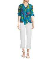 John Mark Tropical Print Cinch Tie Sleeve Button Front Shirt