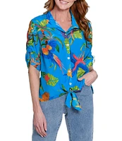 John Mark Tropical Print Cinch Tie Sleeve Button Front Shirt