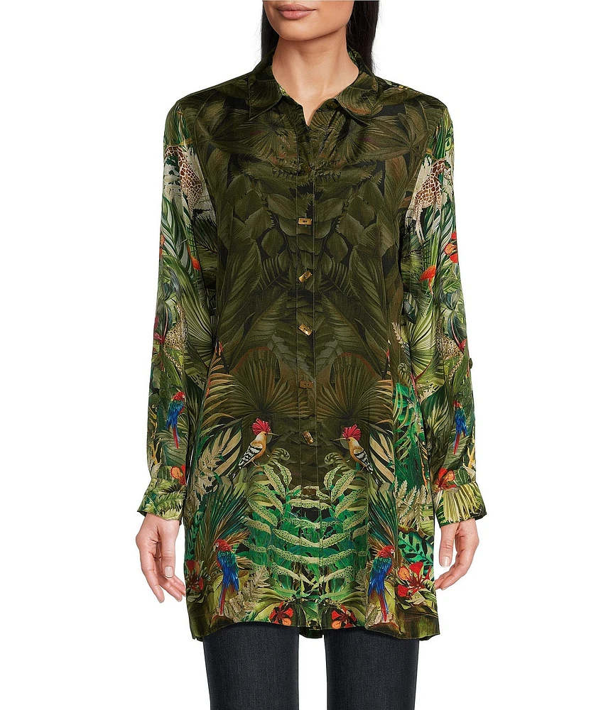 John Mark Tropical Print Collared Long Roll-Tab Sleeve Tunic