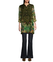 John Mark Tropical Print Collared Long Roll-Tab Sleeve Tunic