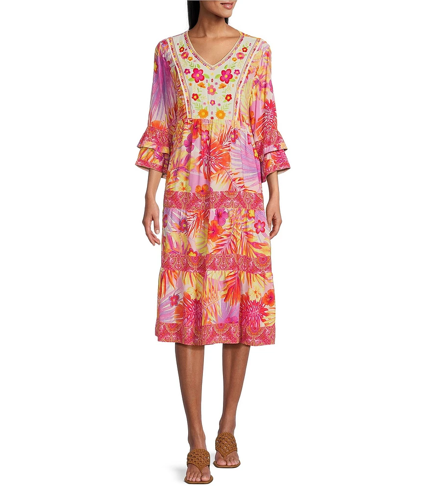John Mark Tropical Printed V-Neck 3/4 Sleeve Tiered Midi Dress