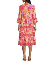 John Mark Tropical Printed V-Neck 3/4 Sleeve Tiered Midi Dress