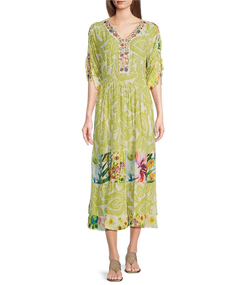 John Mark Tropical Printed Y-Neck Short Dolman Sleeve Embroidered Midi Dress