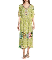 John Mark Tropical Printed Y-Neck Short Dolman Sleeve Embroidered Midi Dress