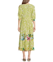 John Mark Tropical Printed Y-Neck Short Dolman Sleeve Embroidered Midi Dress
