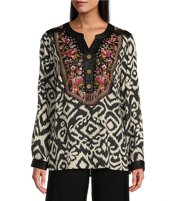 John Mark Velvet-Detailed Floral-Embroidered Y-Neck Long Sleeve Top