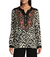 John Mark Velvet-Detailed Floral-Embroidered Y-Neck Long Sleeve Top