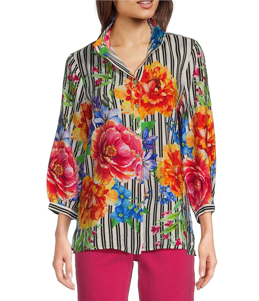 John Mark Wire Collar 3/4 Sleeve Print Woven Blouse