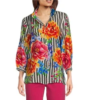 John Mark Wire Collar 3/4 Sleeve Print Woven Blouse