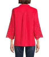 John Mark Wire Collar 3/4 Sleeves Embroidered Eyelet Shirt