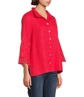 John Mark Wire Collar 3/4 Sleeves Embroidered Eyelet Shirt