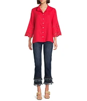 John Mark Wire Collar 3/4 Sleeves Embroidered Eyelet Shirt