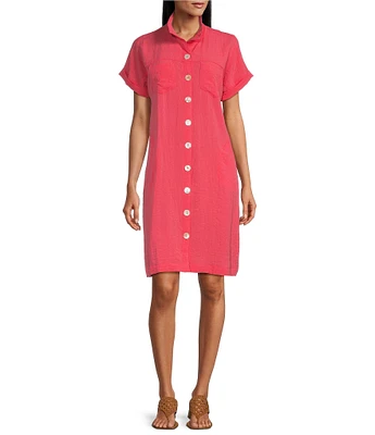 John Mark Wire Collar Short Dolman Sleeve Button-Front Dress