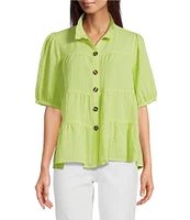John Mark Wire Collar Short Sleeve Tiered Button-Front Top
