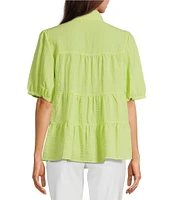 John Mark Wire Collar Short Sleeve Tiered Button-Front Top