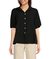 John Mark Wire Collar Short Sleeve Tiered Button-Front Top