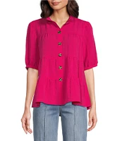 John Mark Wire Collar Short Sleeve Tiered Button-Front Top