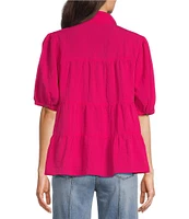 John Mark Wire Collar Short Sleeve Tiered Button-Front Top