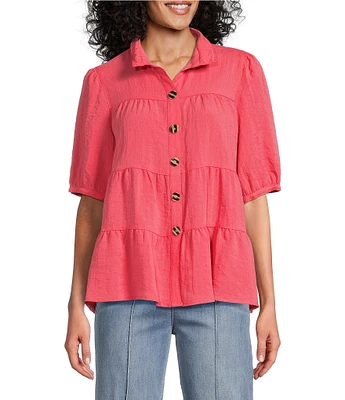 John Mark Wire Collar Short Sleeve Tiered Button-Front Top