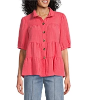 John Mark Wire Collar Short Sleeve Tiered Button-Front Top