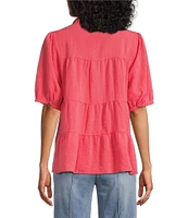 John Mark Wire Collar Short Sleeve Tiered Button-Front Top
