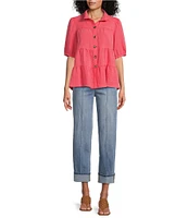 John Mark Wire Collar Short Sleeve Tiered Button-Front Top