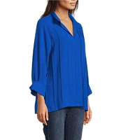 John Mark Wire Collar Split V-Neck 3/4 Sleeve Pintuck Detail Top