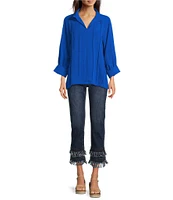 John Mark Wire Collar Split V-Neck 3/4 Sleeve Pintuck Detail Top
