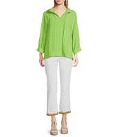 John Mark Wire Collar Split V-Neck 3/4 Sleeve Pintuck Detail Top