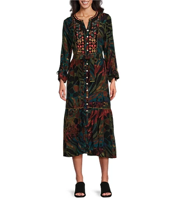 John Mark Woven Animal/Leaf Print Embroidered V Neck 3/4 Sleeve Button Front Tie Waist Midi Dress