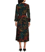 John Mark Woven Animal/Leaf Print Embroidered V Neck 3/4 Sleeve Button Front Tie Waist Midi Dress