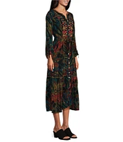 John Mark Woven Animal/Leaf Print Embroidered V Neck 3/4 Sleeve Button Front Tie Waist Midi Dress