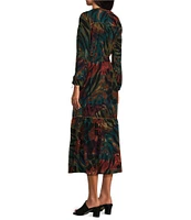 John Mark Woven Animal/Leaf Print Embroidered V Neck 3/4 Sleeve Button Front Tie Waist Midi Dress