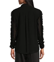 John Mark Woven Collared Ruffle Long Sleeve Button Down Top