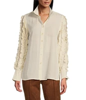 John Mark Woven Collared Ruffle Long Sleeve Button Down Top