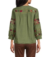 John Mark Woven Embroidered Animal Split V Neck 3/4 Sleeve Pullover Tunic