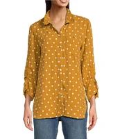 John Mark Woven Embroidered Dot Point Collar Neck 3/4 Sleeve Button Front Top