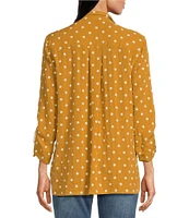 John Mark Woven Embroidered Dot Point Collar Neck 3/4 Sleeve Button Front Top