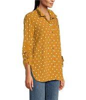 John Mark Woven Embroidered Dot Point Collar Neck 3/4 Sleeve Button Front Top