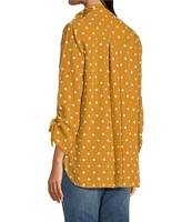 John Mark Woven Embroidered Dot Point Collar Neck 3/4 Sleeve Button Front Top