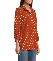 John Mark Woven Embroidered Dot Point Collar Neck 3/4 Sleeve Button Front Top