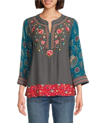 John Mark Woven Embroidered Floral Print Y Neck 3/4 Sleeve Pullover Tunic