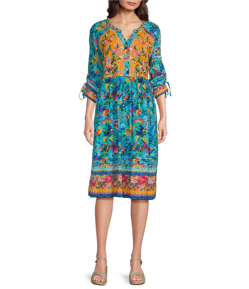John Mark Woven Embroidered Mix Print Y-Neck 3/4 Cinched Tie Sleeve Midi Dress