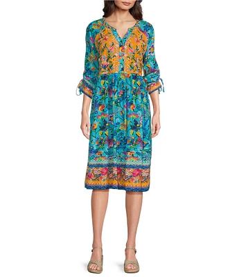 John Mark Woven Embroidered Mix Print Y-Neck 3/4 Cinched Tie Sleeve Midi Dress