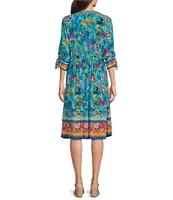 John Mark Woven Embroidered Mix Print Y-Neck 3/4 Cinched Tie Sleeve Midi Dress