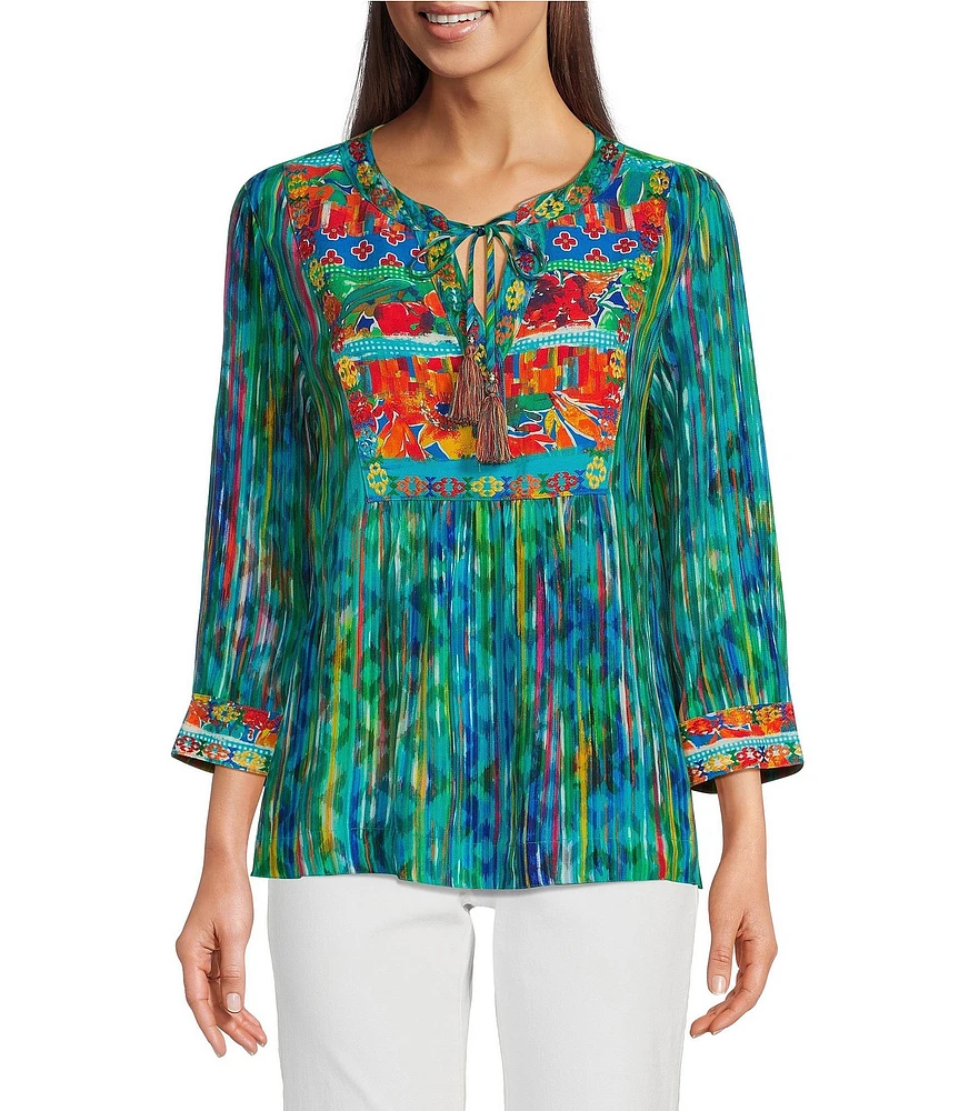 John Mark Woven Embroidered Printed Split V-Neck 3/4 Sleeve Hi-Low Hem Tunic