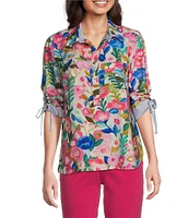 John Mark Woven Floral Camp Notch Collar 3/4 Cinch Tie Sleeve Shirt