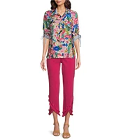 John Mark Woven Floral Camp Notch Collar 3/4 Cinch Tie Sleeve Shirt