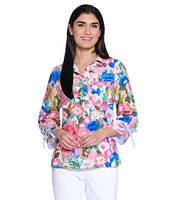 John Mark Woven Floral Camp Notch Collar 3/4 Cinch Tie Sleeve Shirt